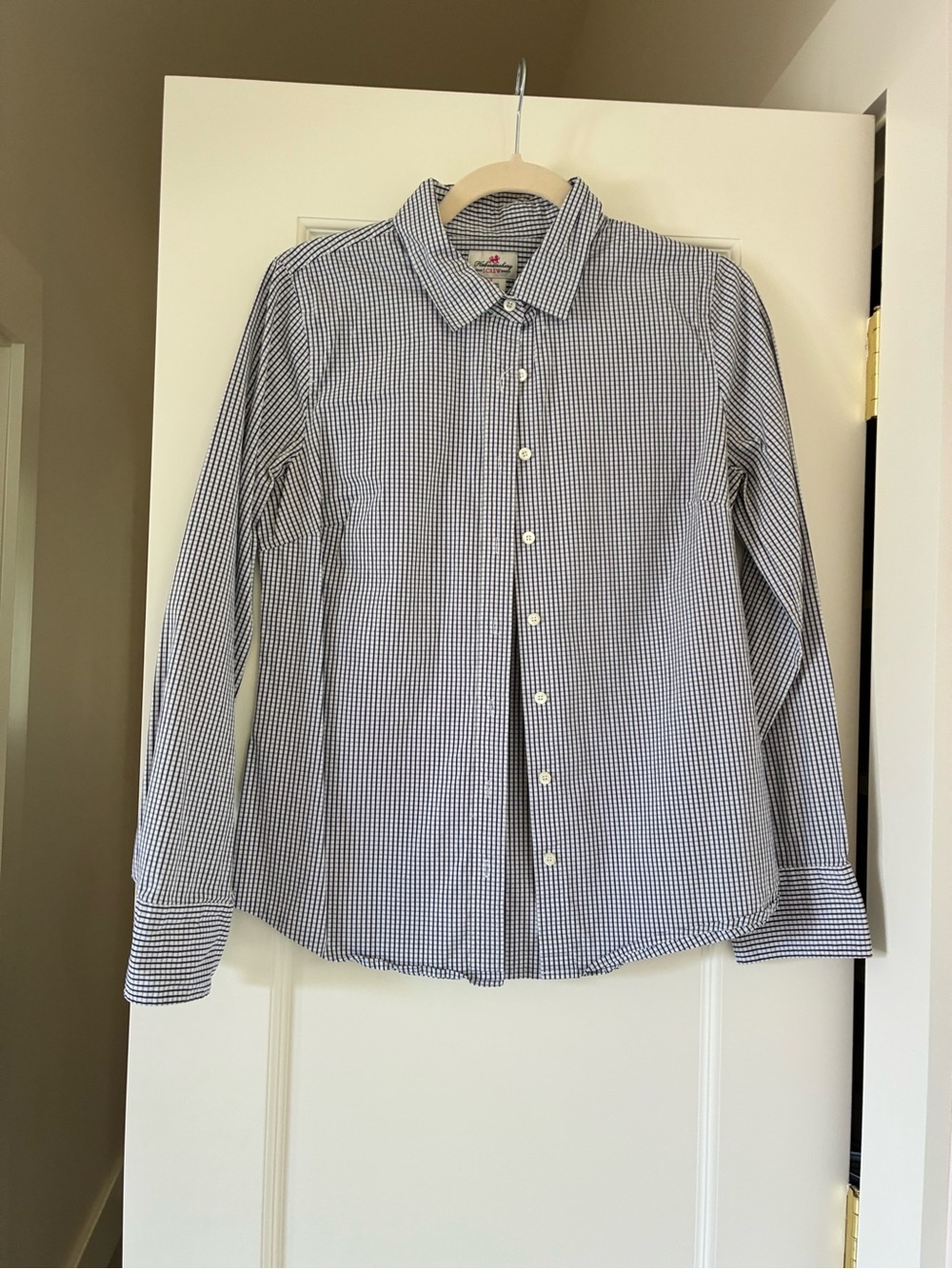 Blue and white checkered J Crew Haberdashery button down shirt